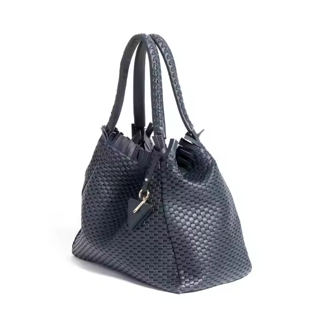 High Quality Italian Woven with 18th Century Treadle Looms Leather Large Handbag with Fringes Dark Blue for daytime