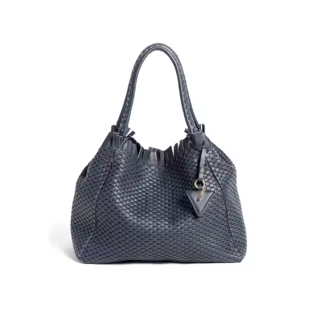 High Quality Italian Woven with 18th Century Treadle Looms Leather Large Handbag with Fringes Dark Blue for daytime