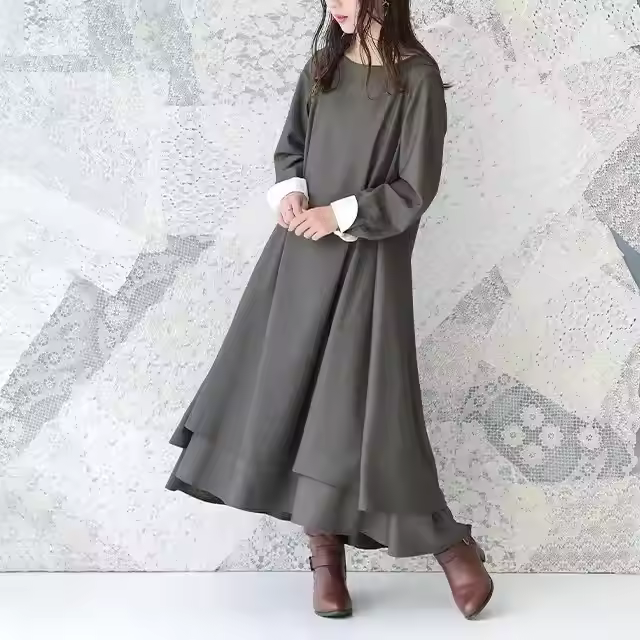 High Grade Women's Plain Winter Pretty Fancy Casual Flared Dress with Long Sleeves