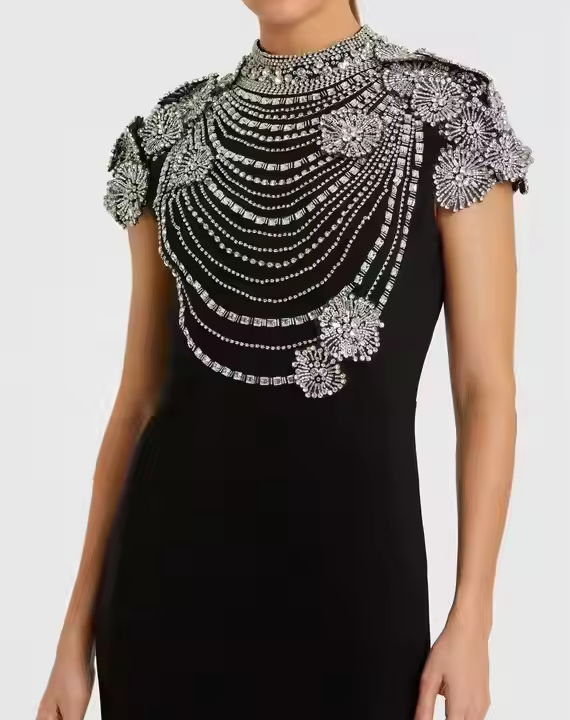 Elegant Floral Aline Evening Dress Beaded Sequin Embroidery Long Ball Gown with One Sleeve Lycra Material for Parties