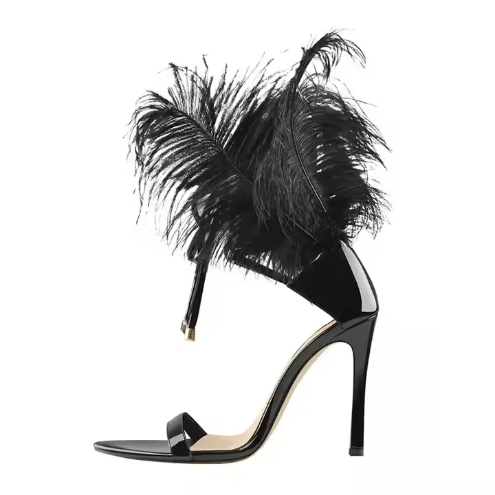 Custom Women Sandal Ankle Strap Open Toe Feather Black Lace up Thin Stiletto Heel Sandals