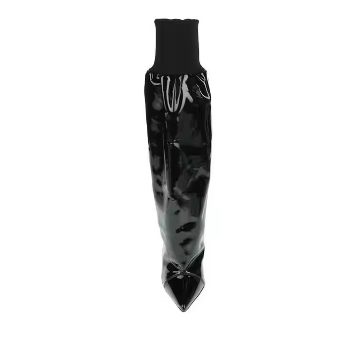 Custom Women's Large Knee-High Stiletto Boot Fashionable Black Shiny Leather Pointed Toe Customizable for Winter