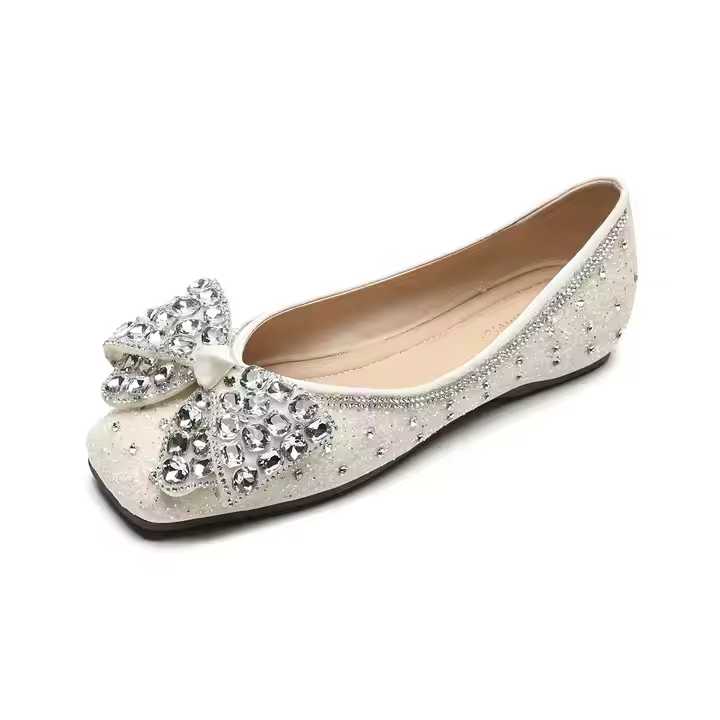 Women's Winter Flats Single Shoes with Dia Wedding Design Soft PU Insole Pointed and Square Toe