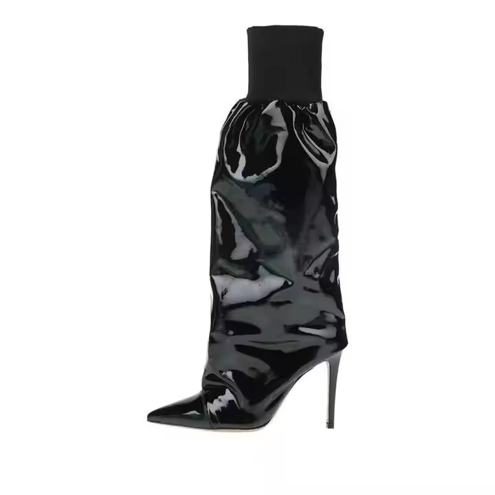 Custom Women's Large Knee-High Stiletto Boot Fashionable Black Shiny Leather Pointed Toe Customizable for Winter